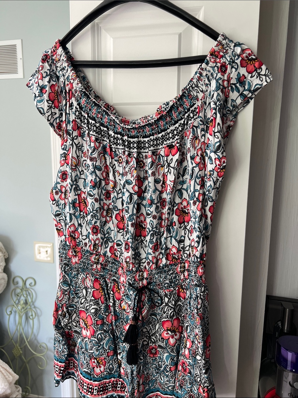 Express White Floral Off-Shoulder Romper with Pink & Teal Print